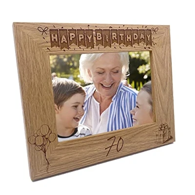 Image of 70th Birthday Photo Frame Landscape Wooden Engraved Bunting Style Gift (4 x 6 Inch)