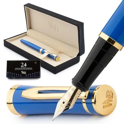 Image of Wordsworth &amp; Black Fountain Pen Set, 18K Gilded Extra Fine Nib, Includes 24 Pack Ink Cartridges, Refill Converter Gift Box, Gold Finish, Calligraphy, [Imperial Blue], Perfect for Men Women