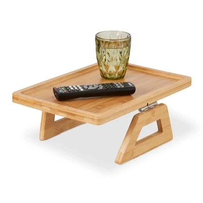 Image of Relaxdays Arm, Bamboo, Square Armrest Table, Sofa Tray for Drinks &amp; Snacks, W x D: 35 26.5 cm, Natural, 13 cm