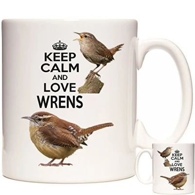 Image of Wren Mug, Keep Calm and Love Wrens. 11oz Ceramic Mug. Jenny Gift British Garden Bird Gifts