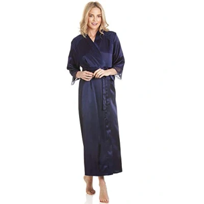 Image of undercover lingerie J50 Womens Luxury Satin Laced Dressing Gown Navy WMS
