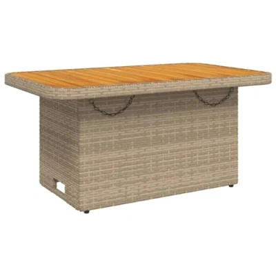 Image of vidaXL Beige Poly Rattan Garden Table Acacia Wood Top, Adjustable Height, Robust Steel Frame, UV resistant, Outdoor/Patio Use, Easy Assembly