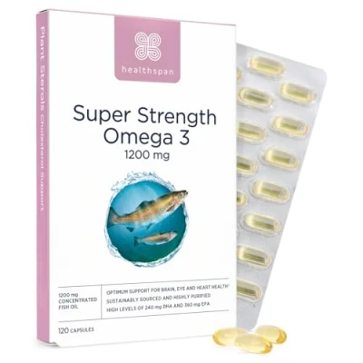 Image of Healthspan Super Strength Omega 3 1,200mg Brain, Heart &amp; Eye Health 240mg DHA 360mg EPA per Capsule Highly Purified to Remove Toxins Sustainably Sourced Fish Oil (120 Capsules)