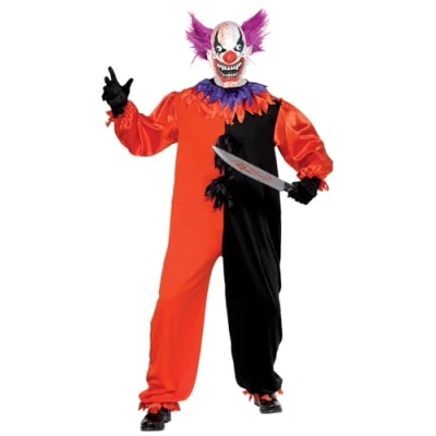 Image of Smiffys Cirque Sinister Scary Bo the Clown Costume, Red with Jumpsuit &amp; Mask, Halloween Fancy Dress, Dress Up Costumes