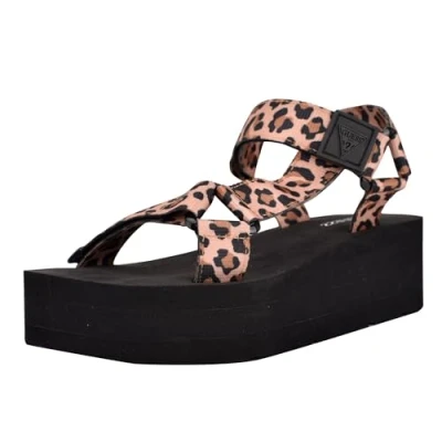 Image of GUESS Women&#039;s Avin Wedge Sandal, Black/Leopard 908, 8 UK
