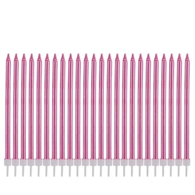 Image of Metallic Happy Birthday Candles Tall Cake Holders Long Thin Cupcake Topper for Wedding Party Decoration (24pcs Pink)