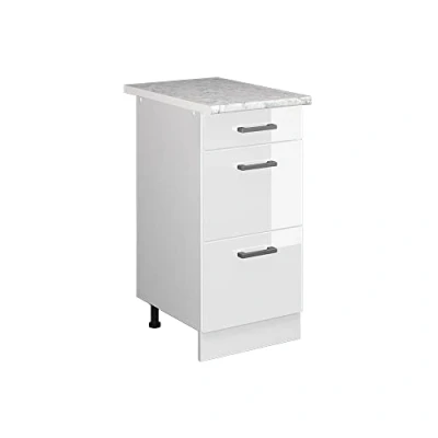 Image of Vicco Kitchen base cabinet Raul, White High Gloss/White, 40 cm with drawers, WT Marble