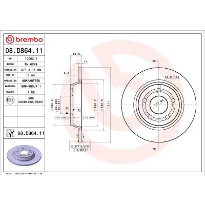 Image of JX612A315ACA Brake disc BREMBO 08.D864.11 271mm 11mm 5 solid Coated FORD: Focus Mk4 Hatchback, Turnier