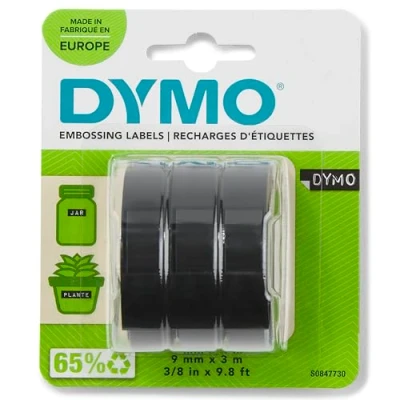 Image of DYMO Authentic Embossing Label Tape 9 mm x 3 m Rolls White Print on Black Self Adhesive for Makers Count