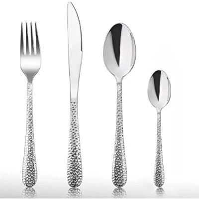 Image of HaWare 24 Piece Cutlery Set, Stainless Steel Hammered Flatware Set Service for 6, Include Knife Spoon Fork, Mirror Polished &amp; Dishwasher Safe