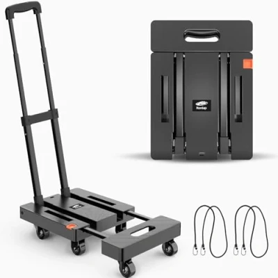 Image of Ronlap Folding Hand Truck, 6 Wheels Fold Up Cart with 2 Elastic Ropes, Portable 225KG Capacity Heavy Duty Luggage Cart, Utility Dolly Platform for Car House Office Moving, Black