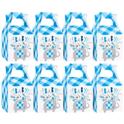 Image of Charming BLue Floral Elephant Favor Boxes (16cm x 24cm) Unique &amp; Delightful Party Supplies Perfect for Baby Showers Birthday Celebrations 8ct