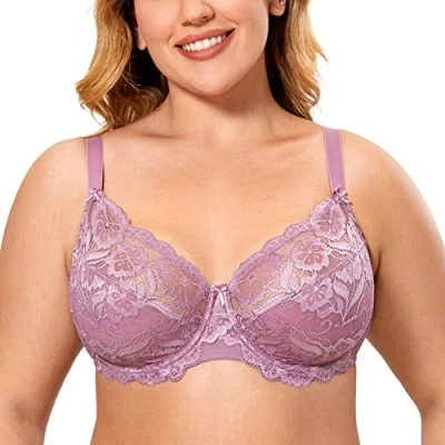 Image of Delimira Women&#039;s Full Coverage Non Foam Floral Lace Plus Size Underwired Bra Orchid Rose 36E
