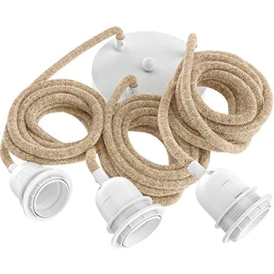 Image of Hoopzi Hang 3 Pendant Light Fitting 8.2 FT Many Colours E27 Socket Fabric Electrical Cable for Living Room, Bedroom, Kitchen Cord and White