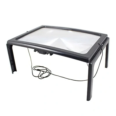 Image of 3X Full Page Magnifier Hanging Folding Loupe 4 LED Light Illuminated Hands Free Magnifying Glass Table Desktop Rectangular for Books, Reading, Sewing, Crafts, Handcraft