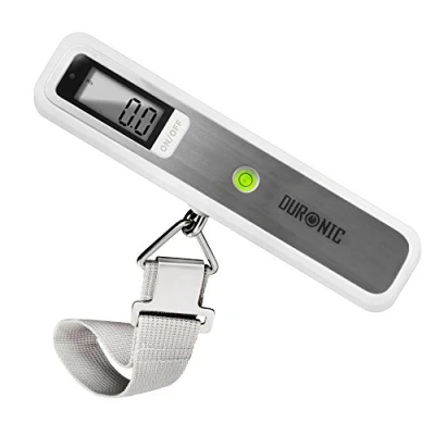 Image of Duronic Digital Luggage Scales (white/silver) LS1019 50kg capacity Weighs Suitcases and Bags Overweight Warning Light Compact &amp; Portable Strong Straps For Air Travel Battery Included