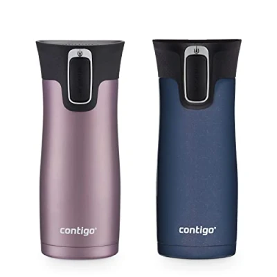 Image of Contigo West Loop Stainless Steel Vacuum Insulated Travel Mug with Spill Proof Lid, Vervain; Midnight Berry, 16 Ounces, 2 Pack
