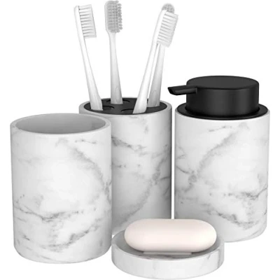 Image of bonVIVO Marmora Bathroom Accessory Set 4 Piece Soap Dispenser w/Soap Dish, Tumbler &amp; Toothbrush Holder Luxury Accessories Gifts for Women and Men Black