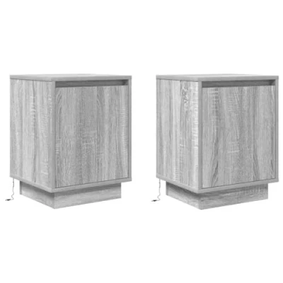 Image of vidaXL Bedside Cabinets Set with LED Lights, 2pcs, Grey Sonoma Modern Nightstands, Engineered Wood, 38x34x50 cm, for Bedroom Storage and Decor