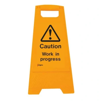 Image of Warning Signs Caution work in progress (free standing floor sign) Yellow Polypropylene