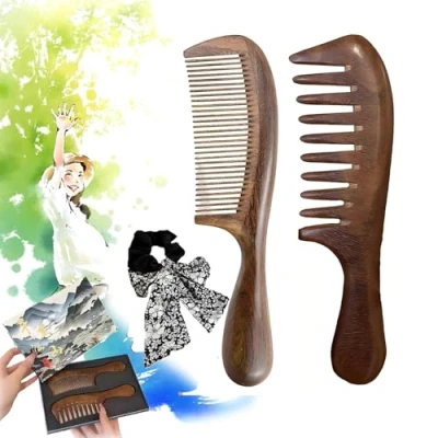 Image of Walnut Wood Hair Comb, Two Pack Wooden Wide Tooth Combs, Combs For Women, Comb Curly Hair, Anti Static (2pcs A)