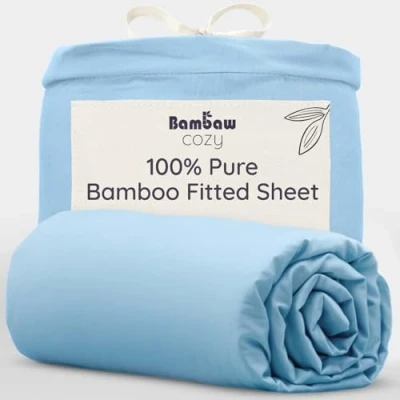 Image of Light Blue Super King Size Sheet Bamboo Bed Sheets 180x200 cm Fitted Anti Allergy Bedding Superking Soft Extra Deep Bambaw