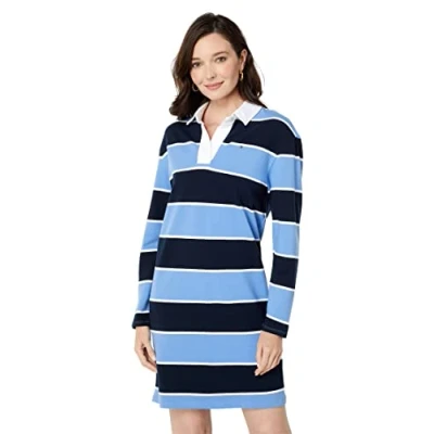 Image of Tommy Hilfiger Women&#039;s Striped Long Sleeve Rugby Sportswear Dress Casual, Sky Captain Combo, S
