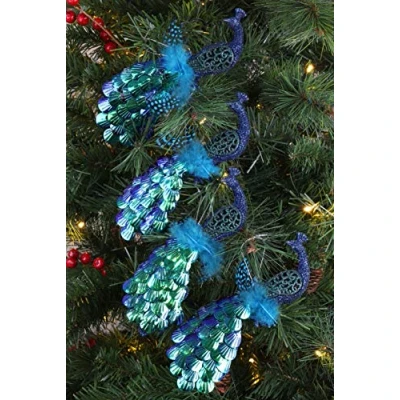 Image of Christmas Concepts® 20cm Peacock Decoration With Jewelled Tail Luxury Tree Decorations (Midnight Blue Sequins, Pack of 4)