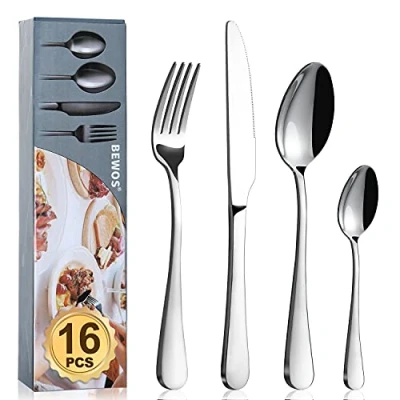 Image of Cutlery Set, BEWOS 16 Piece Stainless Steel Flatware Tableware Silverware Set with Spoon Knife and Fork Service for 4, Dishwasher Safe/Easy Clean, Mirror Polished