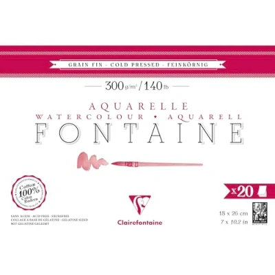 Image of Clairefontaine 975449C Fountain Glued Pad 4 Sides 20 Sheets White Watercolor Paper 100% Cotton Fine Grain Professional Quality 18x26 cm 300g
