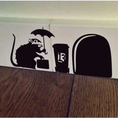 Image of uksellingsuppliers ® Mouse Hole BANKSY RAT WITH CASE Skirting Board Wall Art Sticker Vinyl Decal 19cm x 7cm