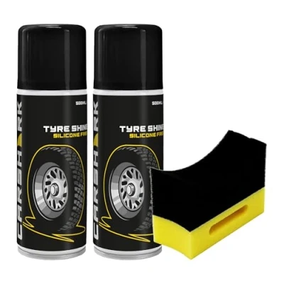 Image of CARSHARK Tyre Shine Silicone Free, 2 x 500 ml, 1 Applicator Pad (Yellow) Clean Finish, Aerosol Spray