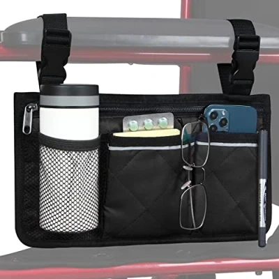 Image of HSGEZUOQI Wheelchair Side Bag, Armrest Storage Pouch with Cup Holder and Reflective Strip for Wheelchairs, Walkers or Rollators (Black)