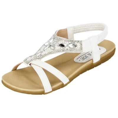 Image of Jo &amp; Joe Ladies Faux Leather Open Toe Sling Back T Bar Diamante Gem Stone Flat Gladiator Summer Sandals Size 3 8 (UK 8, White)