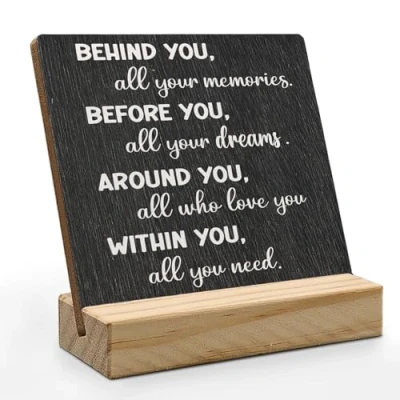 Image of Graduation Quote Desk Decor, Inspirational Motivational Quotes Wood Plaque, Behind You All Your Memories Black Wooden Plaque Sign for Home Office Classroom Shelf Decor 5 * inch