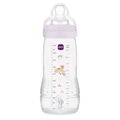 Image of MAM Easy Active Baby Bottle, to Grip Ergonomic Large Learning No. 3 Silicone Teat and Leak Proof Lid, 4+ Months, Pink, 330 ml