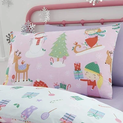 Image of Happy Linen Company Girls Festive Christmas Tree Ice Skating Sausage Dog Pink Pair Of Pillow Cases