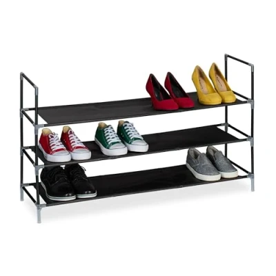 Image of Relaxdays Shoe Rack, Metal Frame, Fabric Material Shelves, 3 Levels, HxWxD: 58 x 100 28 cm, 1m Wide, Black/Transparent, Fleece