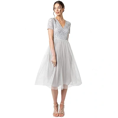 Image of Maya Deluxe Women&#039;s Embellished Midi Evening Dress Ladies V Neckline with Short Sleeve for Prom Wedding Bridesmaid, Soft Grey, 18