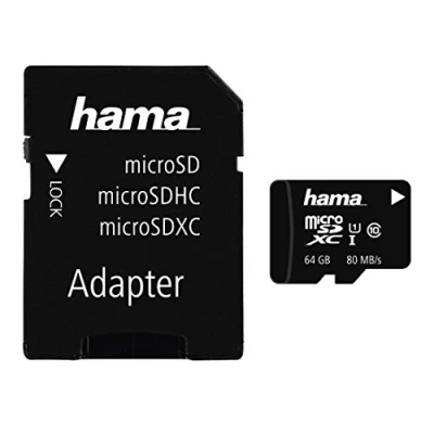 Image of Hama microSDXC 64GB UHS I Class1 C10 c/w Adapter (533x / 80 Mb/s), chrome