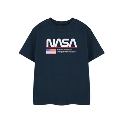 Image of NASA Space Kids Blue Short Sleeve Graphic Tee Unisex T Shirt Astronaut Shuttle Galaxy Design Children&#039;s Exploration Apparel Logo for Boys &amp; Girls
