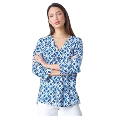 Image of Roman Geometric Pleated Button Detail Top for Women UK Ladies Spring Everyday Summer Holiday V Neckline Comfy 3/4 Sleeve Soft Lightweight Shirt Vacation Beach Blouses Blue Size 12