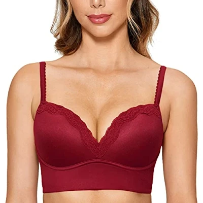 Image of DOBREVA Women&#039;s Push Up Bra Padded Wireless Floral Lace Bralette Longline Support Bras Cerise 36A