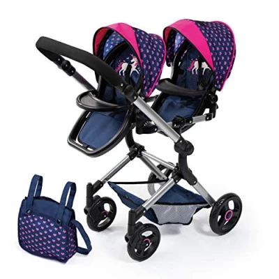 Image of Bayer Design 26254AA Twin Pram, Doll Carriage, Height adjuable Handle, Foldable, with Bag and Integrated Shopping Basket, Compatible EasyGo, Blue Unicorn Hearts