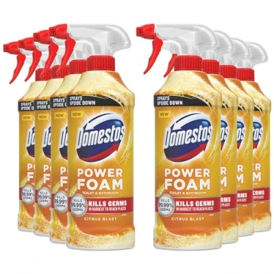 Image of Domestos Power Foam Toilet and Bathroom Surface Cleaner Bleach Free Upside Down Limescale Remover Multi Purpose Spray with Fresh Bio Degradable Fragrance, 450ml (Citrus Blast, Pack of 8)