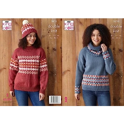 Image of King Cole 5870 Adult DK Sweater Hat Cowl Knitting Pattern