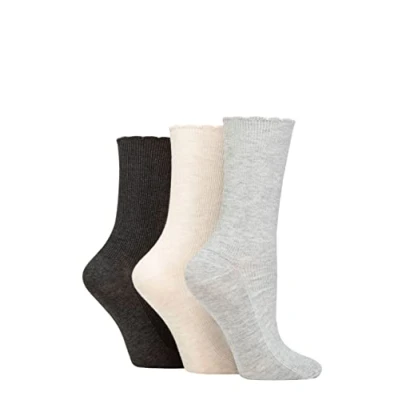 Image of Elle Ladies Ribbed Bamboo Socks with Scallop Top Pack of 3 Silver/Biscuit/Charcoal 4 8
