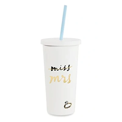 Image of kate spade new york Bridal Insulated Tumbler with Reusable Straw, 20 Ounces, Miss to Mrs. (White)