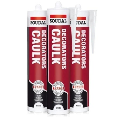 Image of Soudal White Decorators Caulk Acrylic Silicone Gap Filler Low Shrinkage, Paintable &amp; Flexible For DIY Home Trade Use 3 Pack