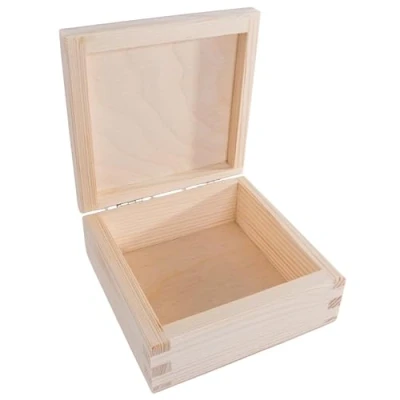 Image of Small Square Wooden Box with Hinged Lid 12 x 5 cm Trinket Memory Keepsake Storage Unpainted &amp; Untreated Plain Decorative Pine for Craft Decoupage